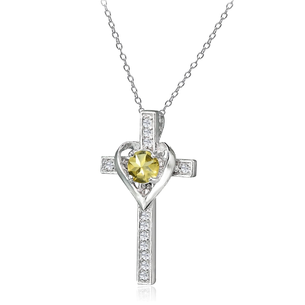 Sterling Silver Citrine and White Topaz Heart Cross Birthstone Pendant Necklace