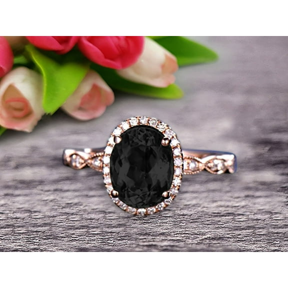 Oval Cut 2 Carat Black Diamond Moissanite Engagement Ring Solid 10k Rose Gold Halo Anniversary Ring