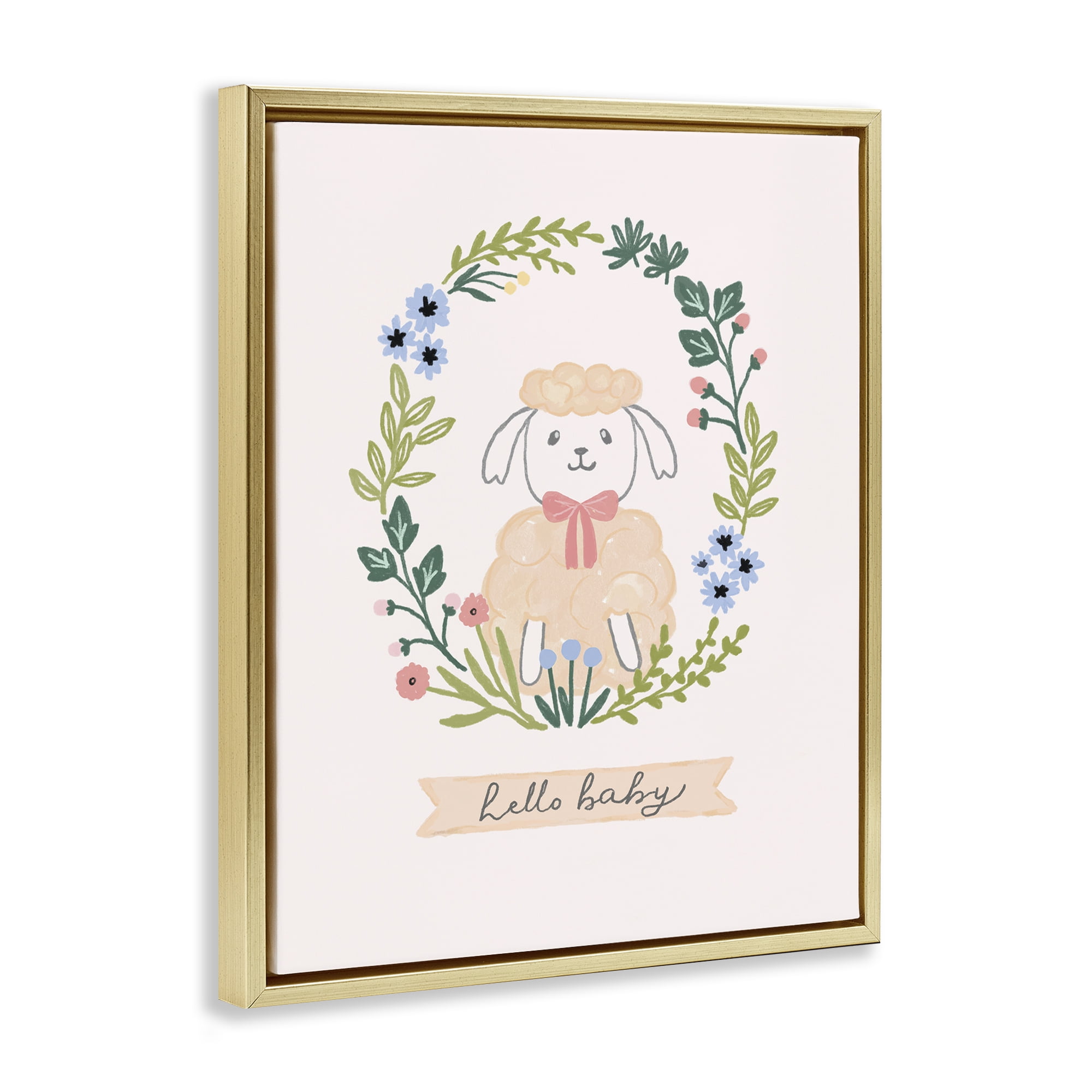 Stupell Industries Hello Baby Floral Lamb Animals Painting Gold Floater Framed Canvas Art Print Wall Art, 25 x 31