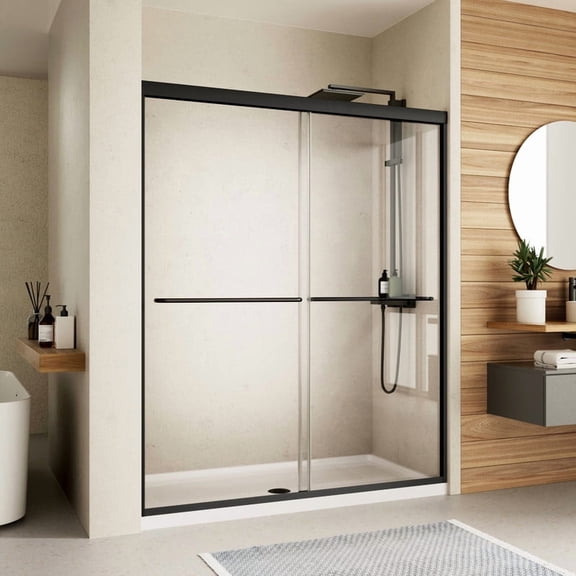 ACE DECOR 56-60in. W x 70in. H Double Sliding Semi-Frameless Shower Door, with Clear SGCC Tempered Glass, Matte Black Finish