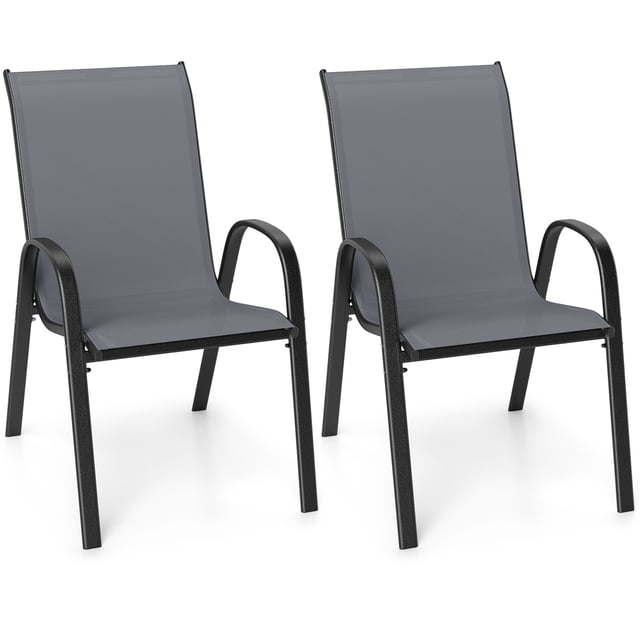 Gymax Set of 2 Patio Dining Chairs Stackable Armrest Space Saving Garden Black & Gray