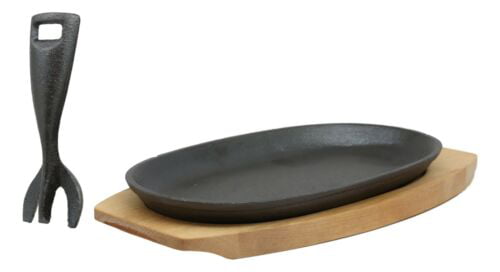 Cabilock Sizzling Steak Plate with Wooden Base Cast Iron Griddle Fajita Skillet Server Plate Home or Restaurant Use