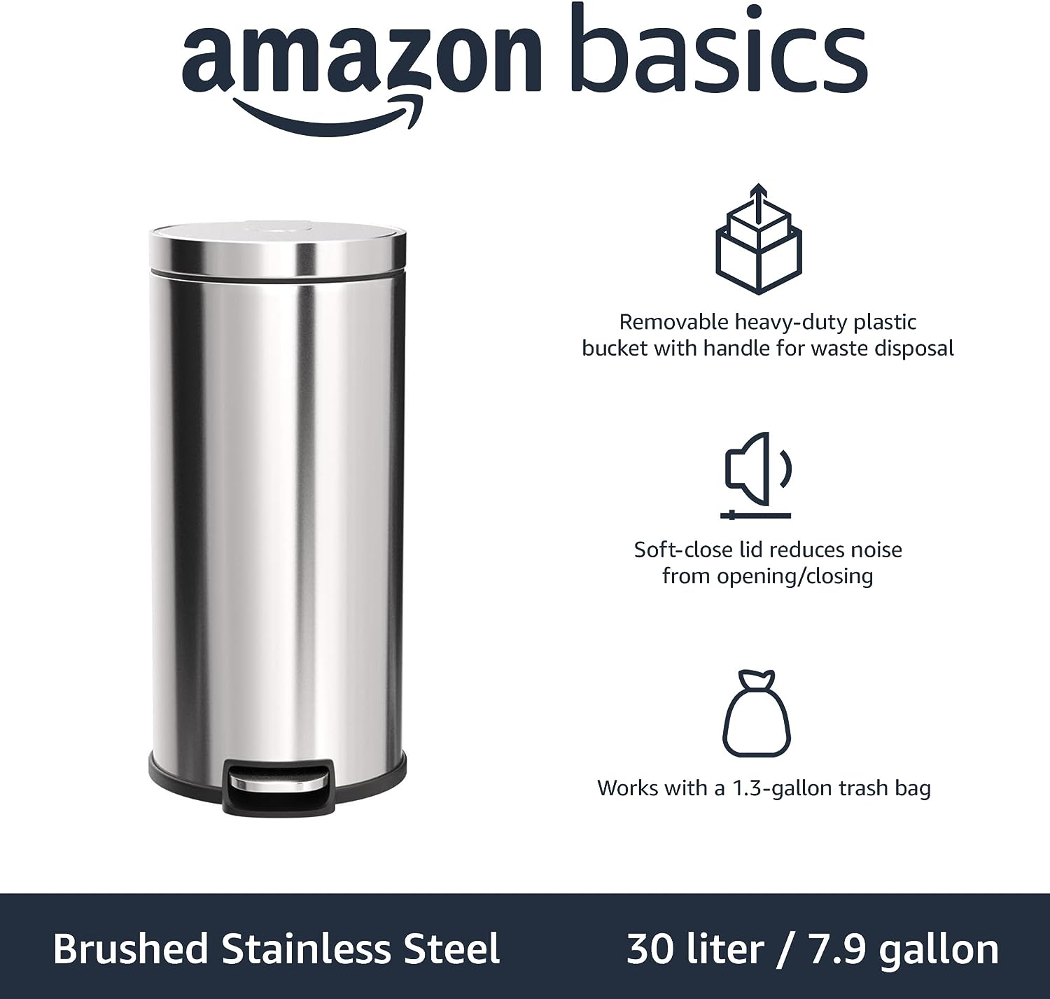 Round Cylindrical Trash Can With Soft-Close Foot Pedal, 20 Liter/5.3 Gallon,  Brushed Stainless Steel 