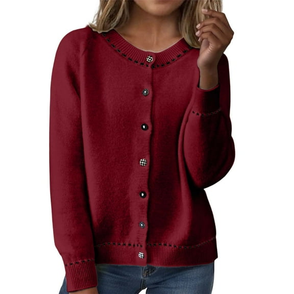 Fiaer Women's Sweater Long Sleeve Button down Crew Neck Fashion Casual Warm Loose Fit Cozy Tops for Fall and Winter Red One Size