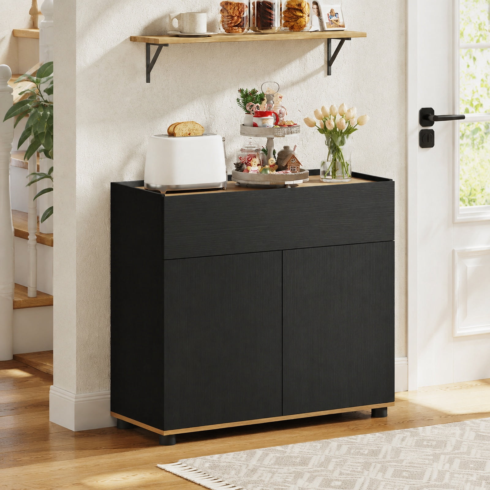 Furnibear Sideboard Buffet Cabinet with Storage Wooden Kitchen Storage Cabinet for Kitchen Dining Living Room Buffet Storage Server, Black