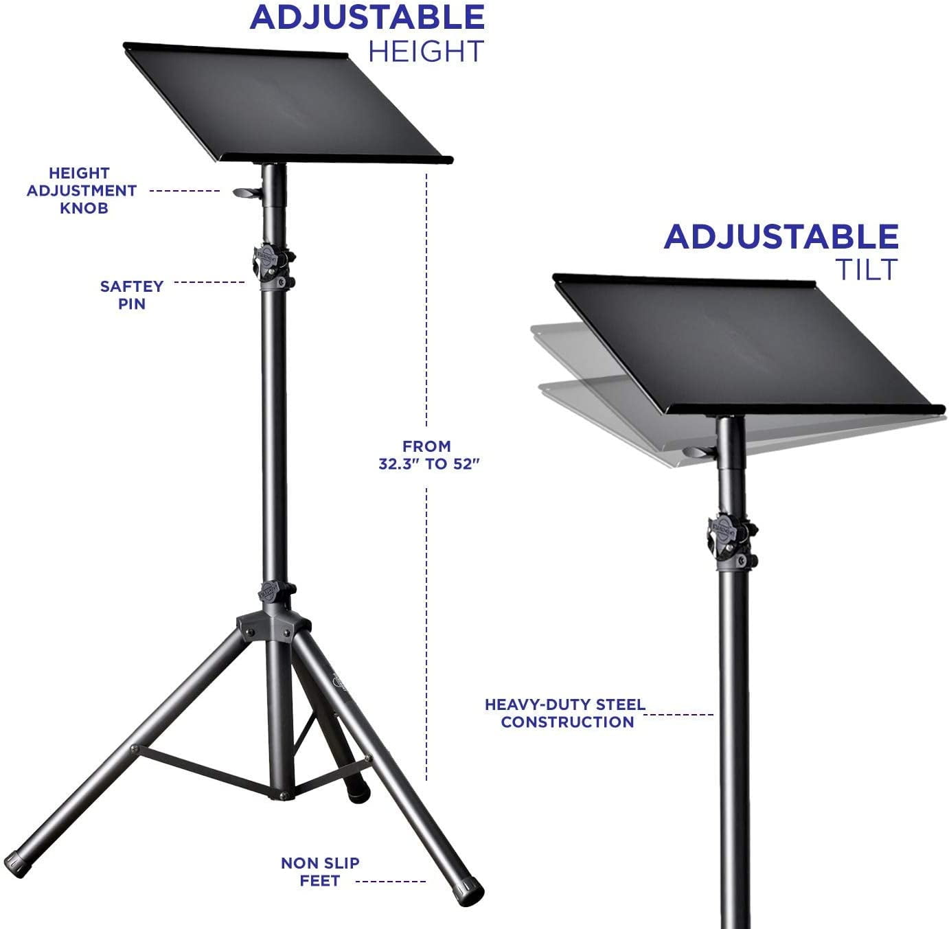 Professional Adjustable 32.3” – 52” Laptop DJ Mixer Tripod Stand | Lightweight & Portable 15.3” x 12.2” Tilted Tri-Pod Tray for Processors, Audio Controllers & Tablets | Raised Edges for Protection