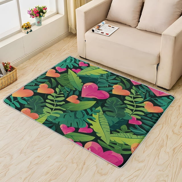 Tropical Leaf Rug 4x7 Area Rugs for Bedroom Living Room, Jungle Botanical Area Rug, Love Heart Carpet Machine Washable Non-Slip Rug, Soft Low Pile Area Rug, Indoor Decorative Rugs G&n47