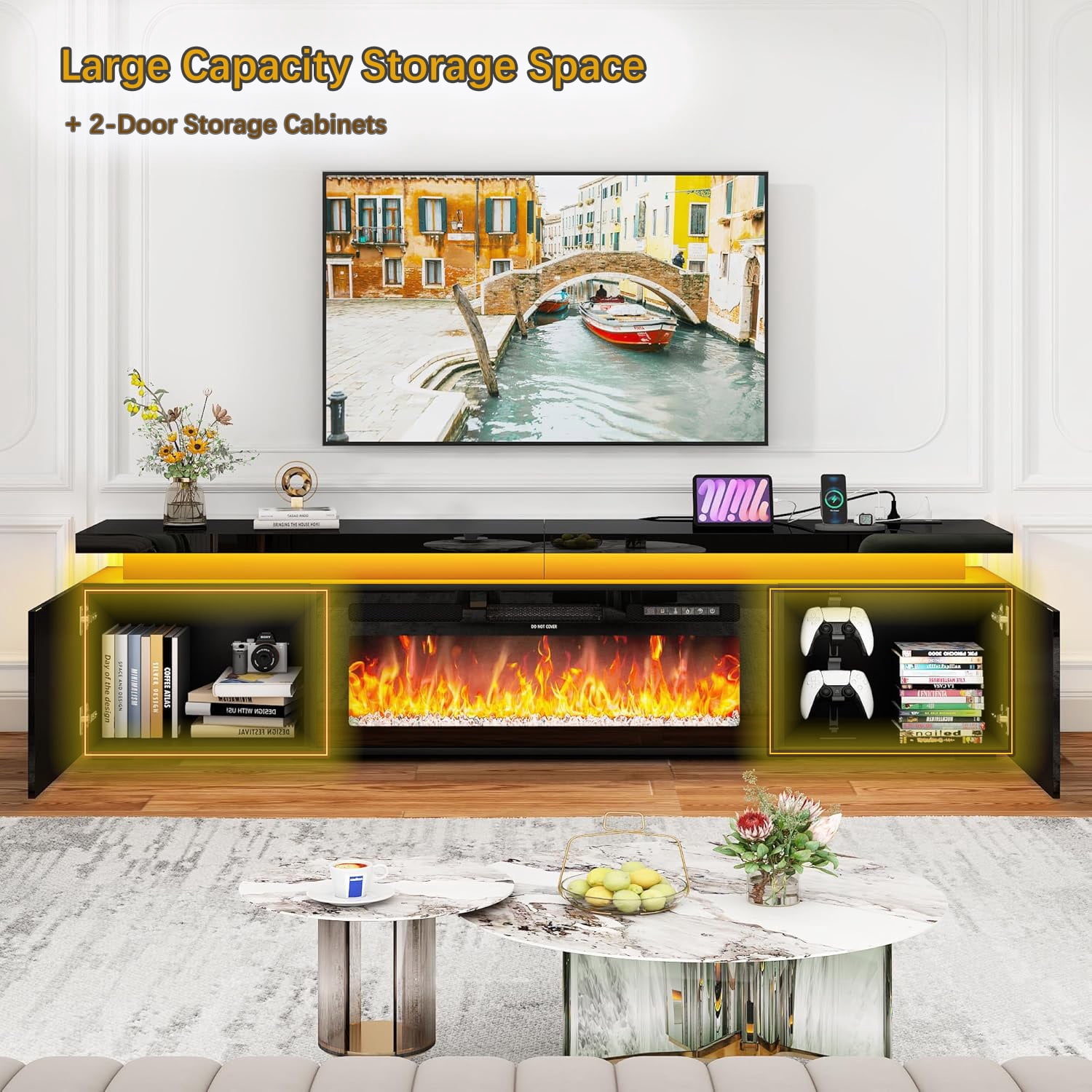 Fireplace TV Stand for 75" 80" 85" 90" TVs with LED Light & Outlets, 82.7" Large Entertainment Center Gaming Soundbar Shelf with 40'' Electric Fireplace