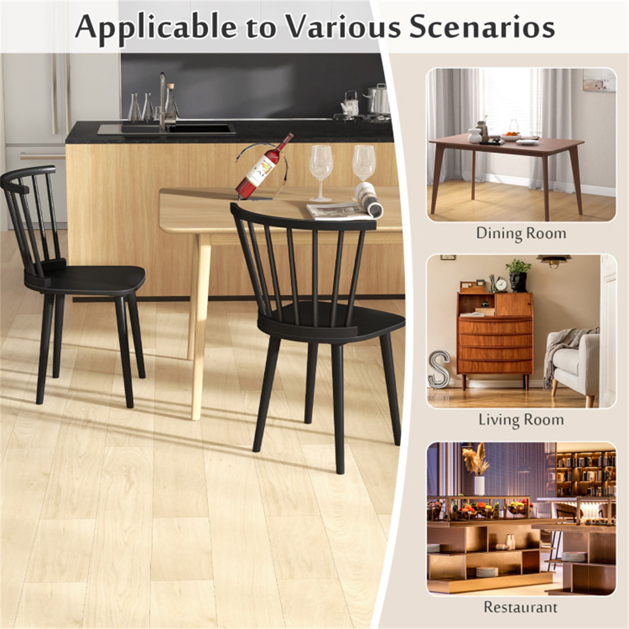 Demi Bonn Windsor Dining Chairs Set of 2 Rubber Wood Kitchen Chairs with Spindle Back, Black