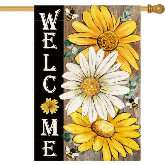 Summer Floral House Flag 28x40 Inch Double Sided Outside, Daisy Sunflower Welcome Seasonal Yard Outdoor Flag