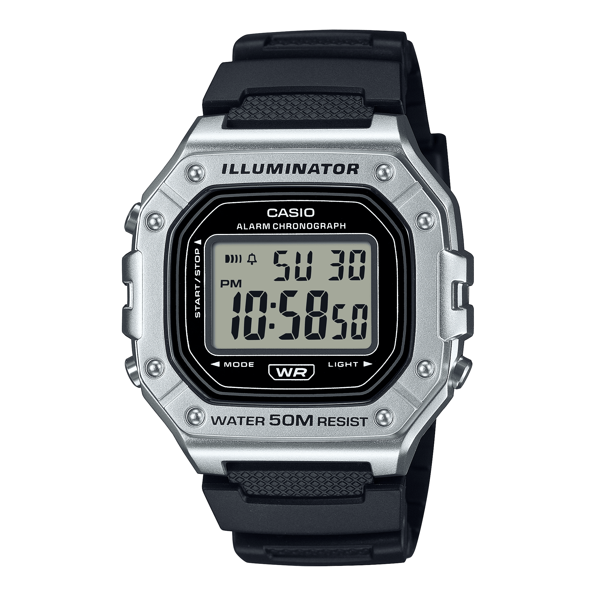 Casio Mens Digital Octagon Wristwatch 7-Yr Battery 50M Wr Led Backlight Stopwatch Risin Silver & Black