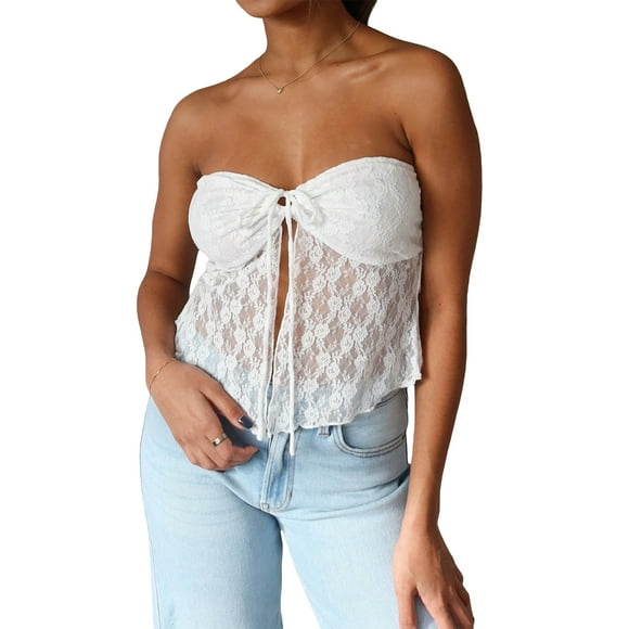Gupgi Women Lace Tube Top Off Shoulder Sleeveless Backless Bandeau TopSee Through Front Split Ruched Tie Up Crop Tops