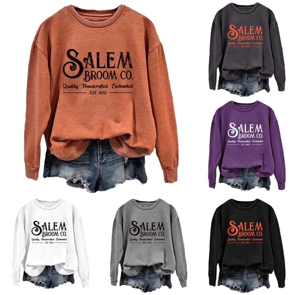 HCYSFG Women Salem Broom Co Sweatshirt Halloween Graphic Letter Print Crewneck Long Sleeve Casual Pullover Loose Festive Top