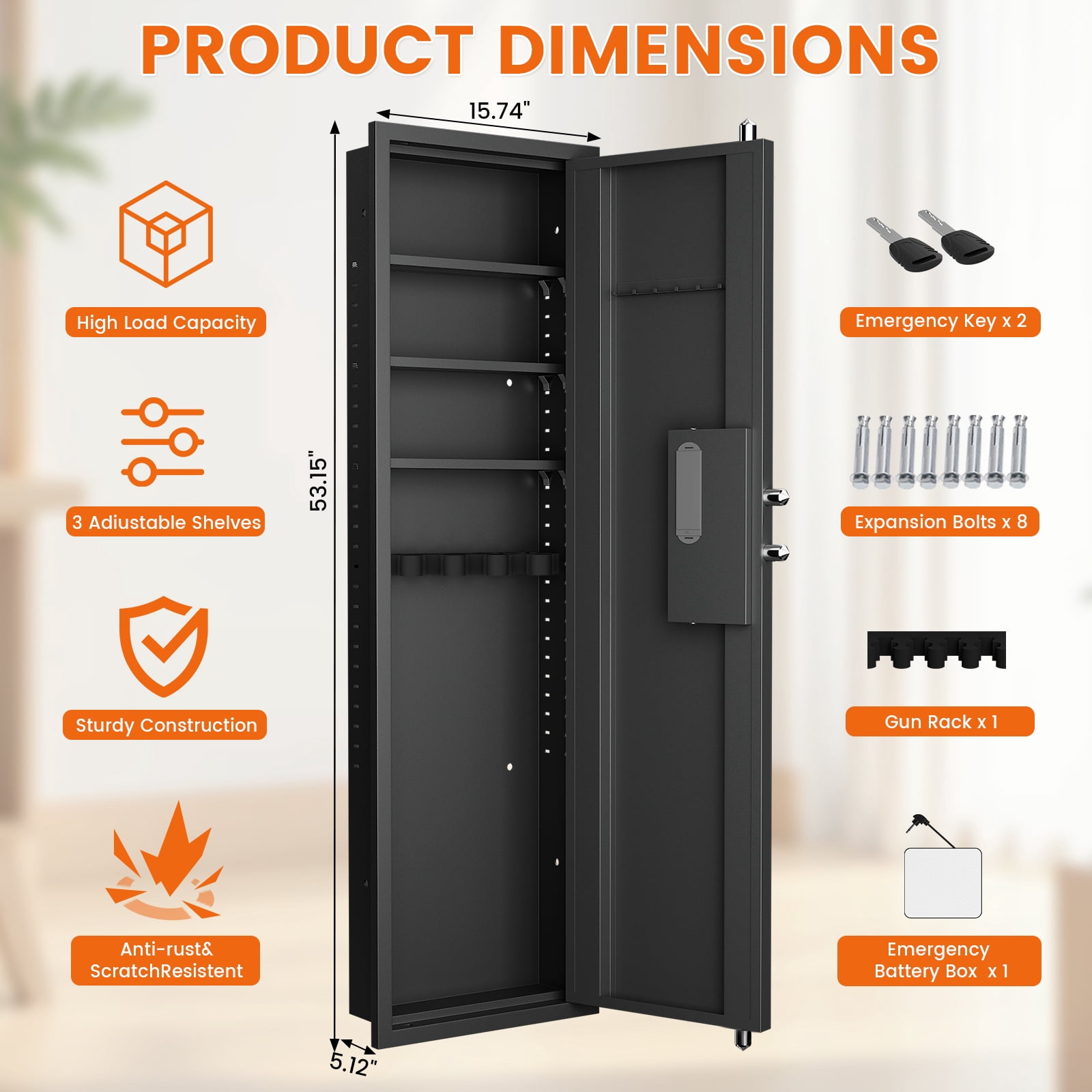 53.15" Wall Safe Between The Studs, Biometric Fingerprint Hidden Safe With Dual Alarm System And Silent Mode, Wall Gun Safe With 3 Adjustable Shelves And Magnetic Slot(fingerprint)