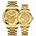 thumbnail image 1 of Reloj no mecánico para hombre, resistente al agua, luminoso, dorado, de cuarzo, correa de acero ultrafina, reloj de pareja de dragón y fénix, 1 of 3