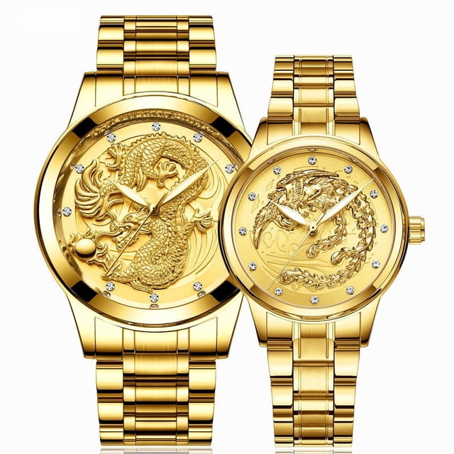 Reloj no mecánico para hombre, resistente al agua, luminoso, dorado, de cuarzo, correa de acero ultrafina, reloj de pareja de dragón y fénix
