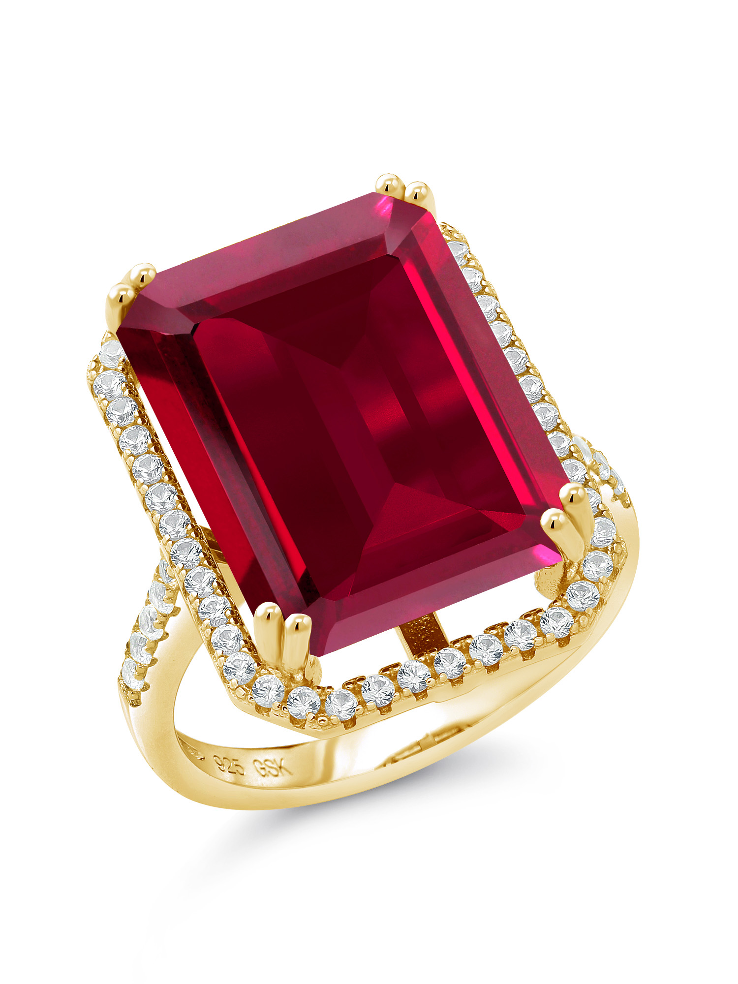 Gem Stone King 20.50 Ct Emerald Cut Red Created Ruby 18K Yellow Gold