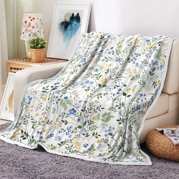 Spring Flower Throw Blanket, Blue And Yellow Watercolor Flowers Throw Blanket Soft Flannel Blankets for Couch Sofa and Bed,Girls and Boys Kids Bed Throws Bedding Accessories 50X60 Inch