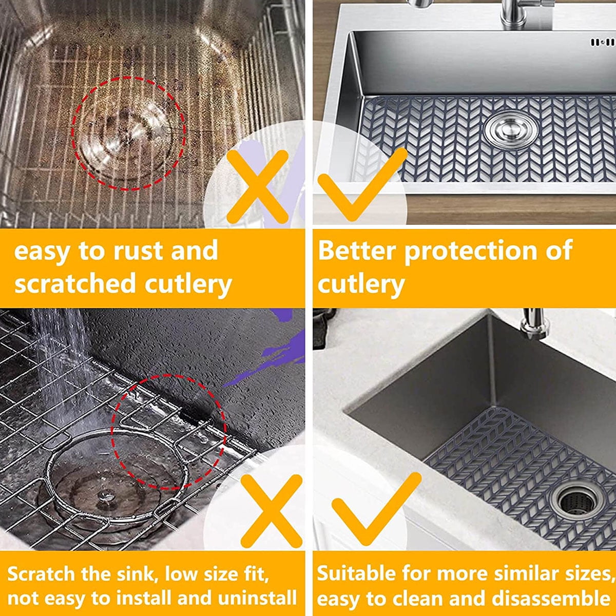 Eummy Silicone Sink Protector, Heat-Resistant Kitchen Sink Mat, Anti-Slip Sink Mat Grid Sink Drain Center for Home Kitchen Countertop, 2614inch