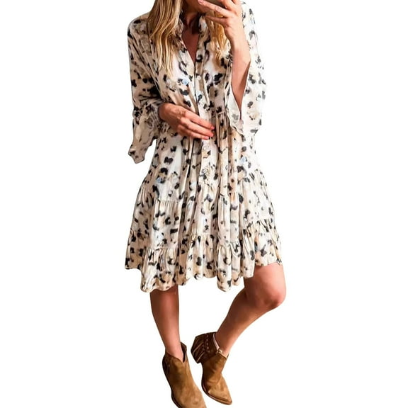 Uaswgudfs Women's Sleeveless Flowy V-Neck Tank Dress - Casual Summer Sundress with Abstract Print, Cinched Waist & Tiered Skirt Beige L