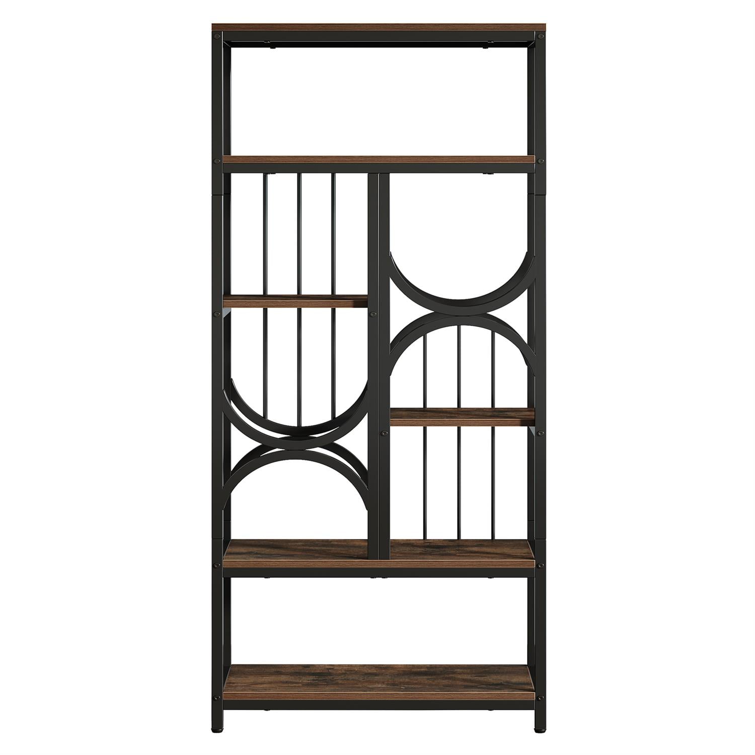 Demi Bonn 70" Industrial Metal & Wood Bookcase, Sturdy Multi-Level Display Shelf, Stylish Decorative Storage Rack for Home Office, Brown