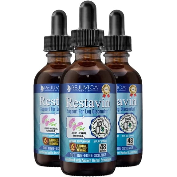 Restavin | Support for Restless Legs | Fast, Natural Liquid Formula | Iron, Magnesium, Turmeric, B-Vitamins & More | 3-pack Value