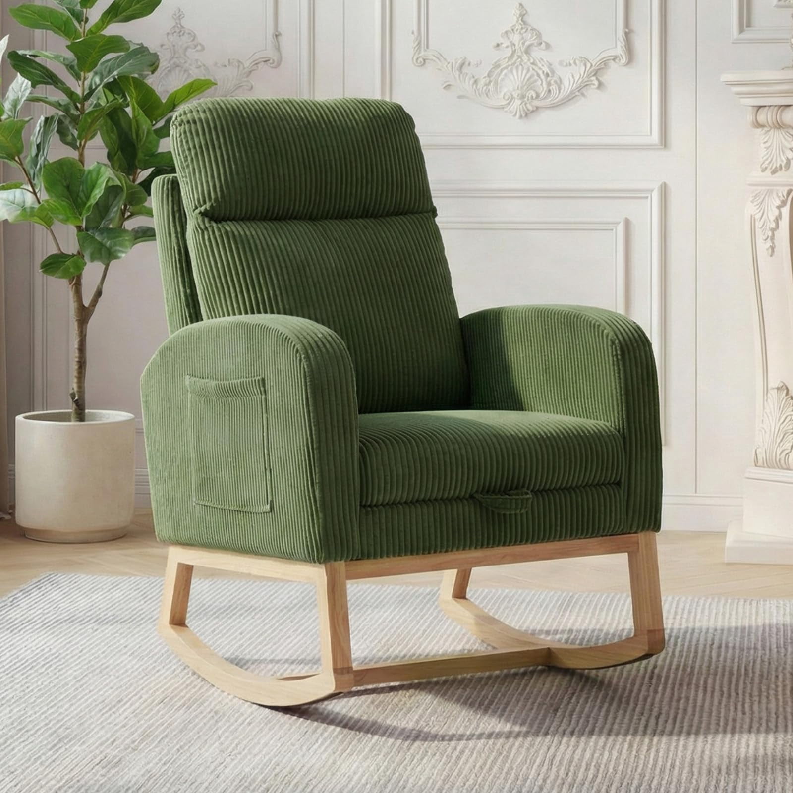 Kicctian Teddy Upholstered Rocking Chair with Extendable Footrest, Wooden Leg Rocking Armchair with Storage Side Pocket, Nursery Accent Seating for Living Room, Bedroom,Green