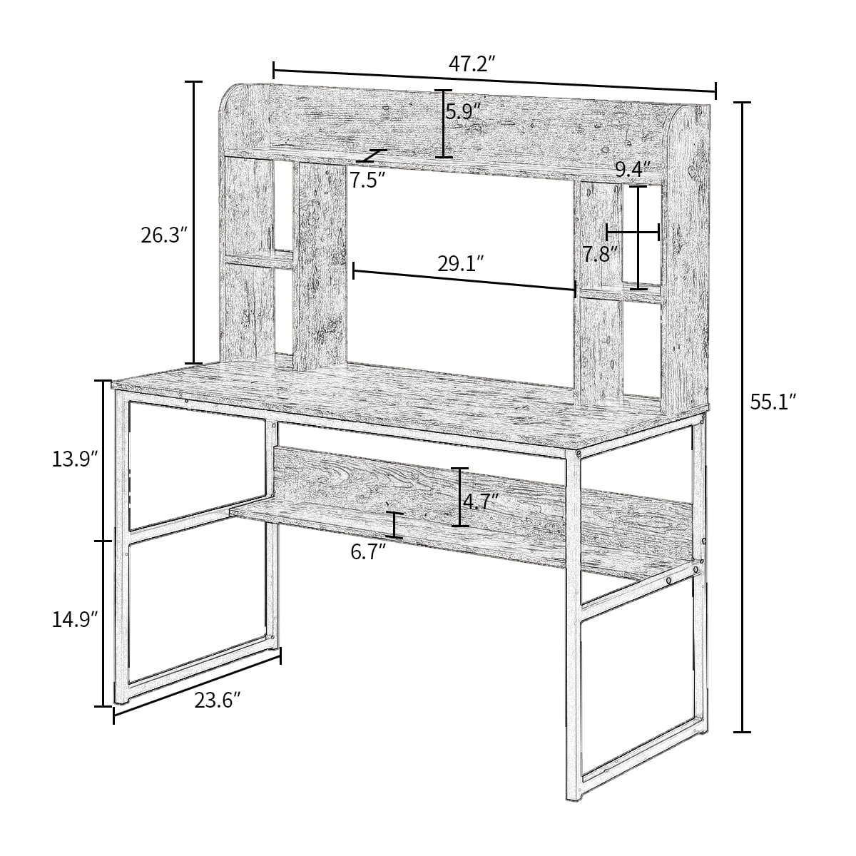 47" Rustic Computer Desk with Hutch, Home Office Desk and Modern Writing Desk with Storage Shelves