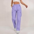 thumbnail image 2 of Ecqkame Womens Cargo Pants Solid Color High Waist Straight Leg Trousers Casual Baggy Trendy Pant with Multiple Pockets Purple XL, 2 of 9