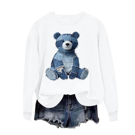 Sexlip Womens Bear Print Sweatshirt Drop Shoulder Design Stretchy Fabric Relaxed Silhouette for Daily Errands White XS