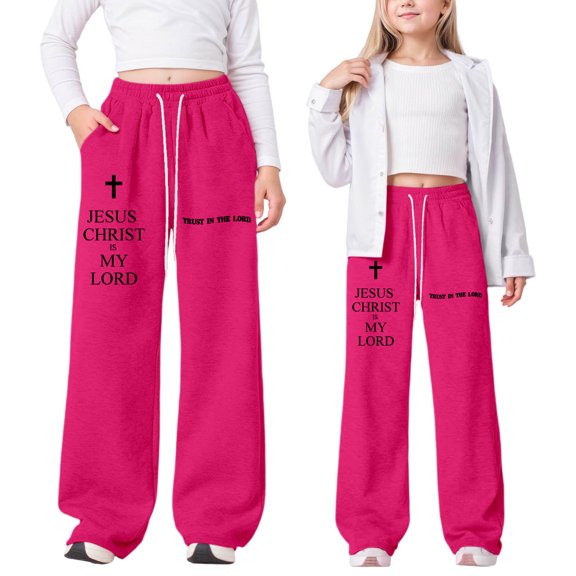 YAYUBA Girls Wide Straight Leg Loose Sweatpants Elastic Waist Drawstring Jogger Pants, Pink, 11-12 Years