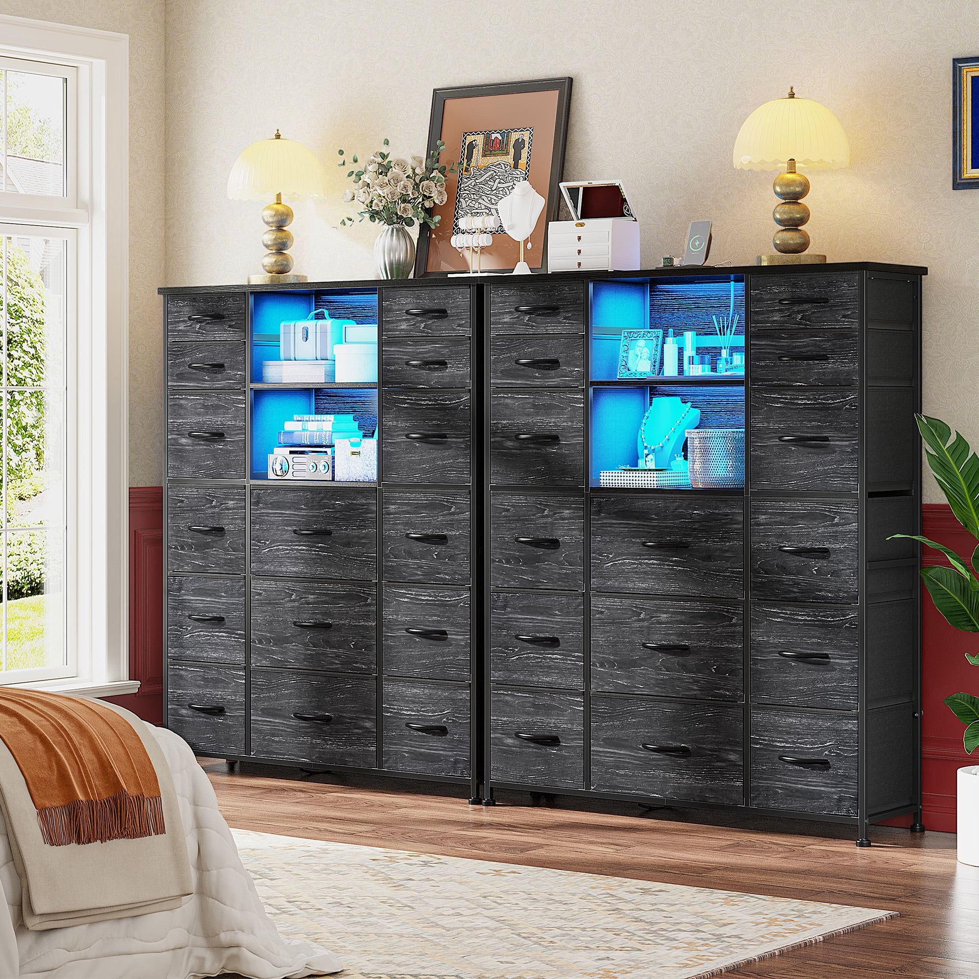 Romorgniz 51" H Dresser with 15 Fabric Drawers Tall Dresser for Bedroom with Charging Station & LED Lights, Black