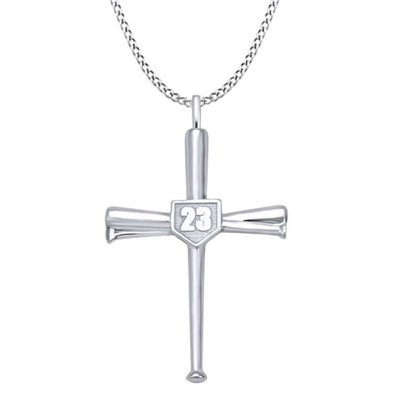 AFFY Baseball Cross Pendant Necklace With Number In 14k White Gold Over Sterling Silver