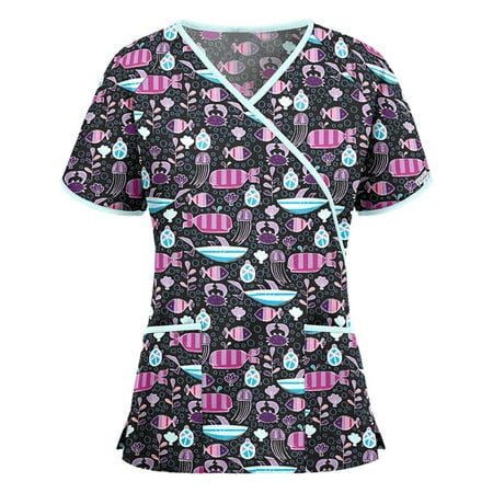 

Cakiesky Womens Scrub Tops Cool V-Neck Christmas Scrub Top Multicolor M
