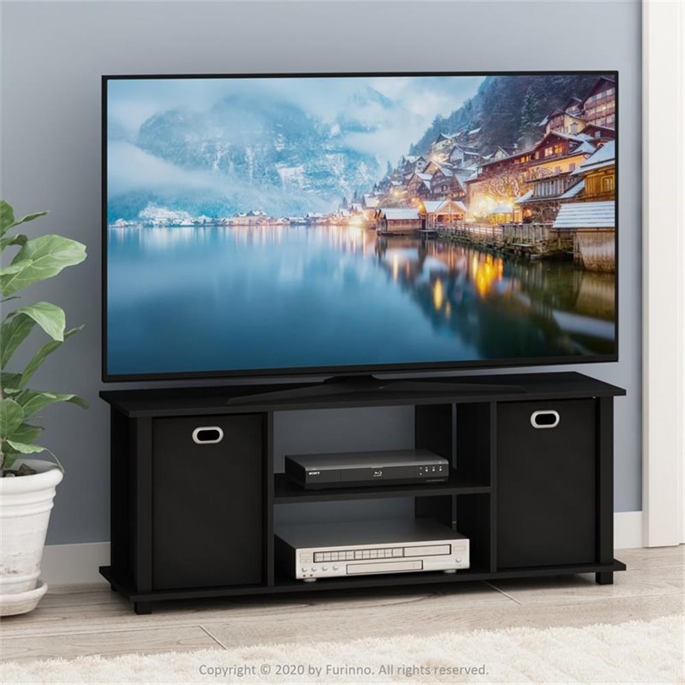 Pemberly Row Wood Entertainment Center w/Storage Bins for TV up to 50" in Black