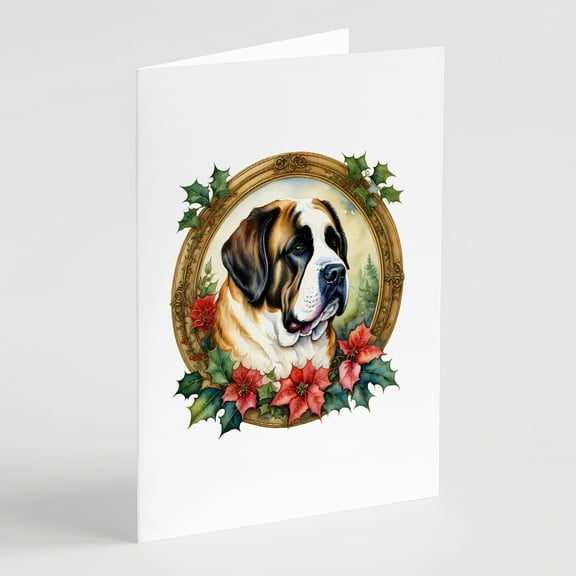 Saint Bernard Christmas Flowers Greeting Cards Pack of 8 7 in x 5 in