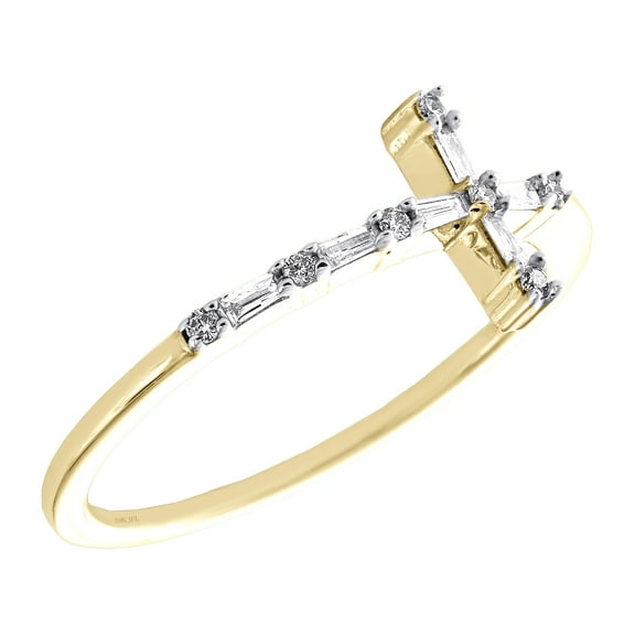 10K Yellow Gold Round & Baguette Diamond Sideways Cross Cocktail Ring 0.12 Ct.