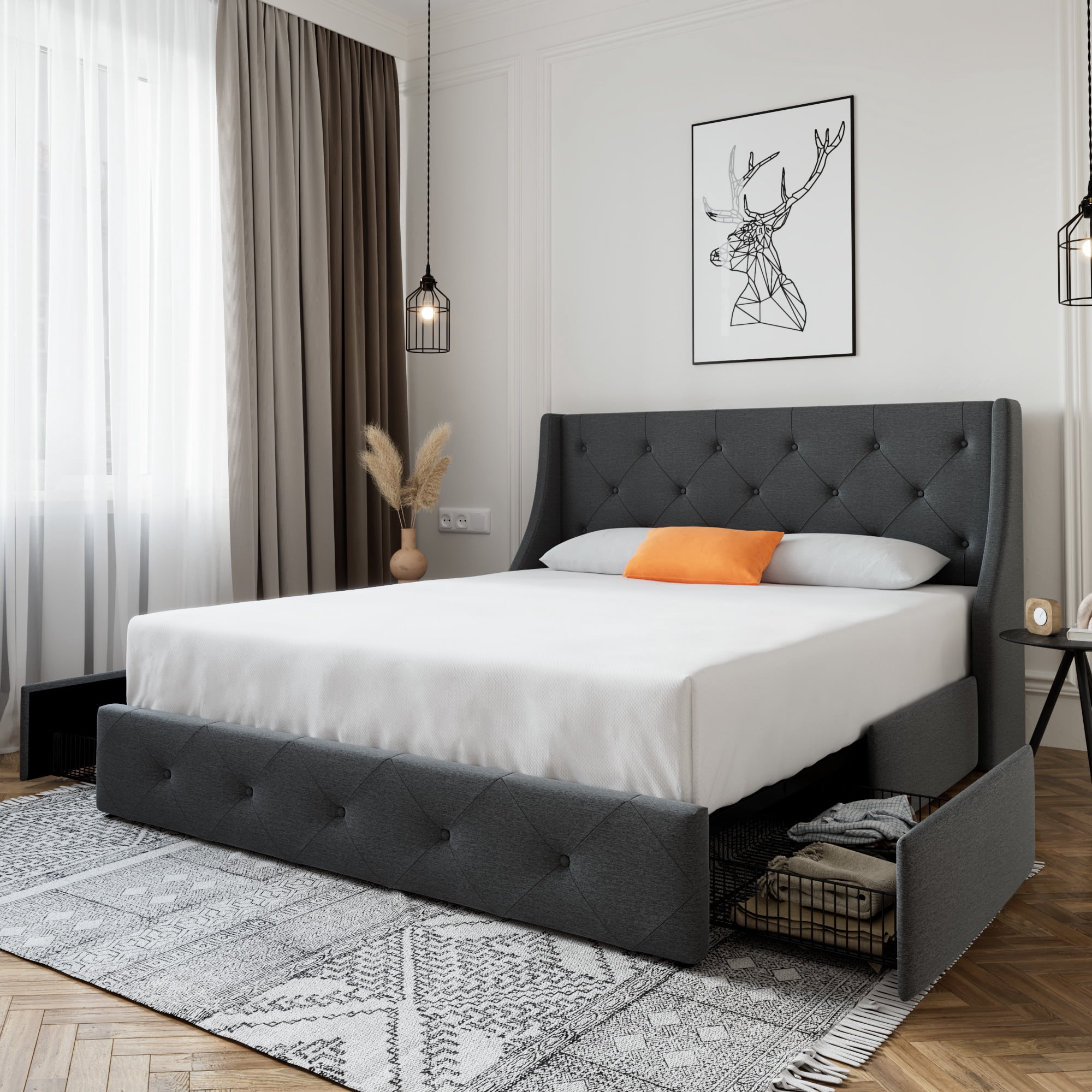 SHA CERLIN Dark Grey Queen Size Platform Bed Frame with 4 Storage Drawers & Wingback Headboard, Adult