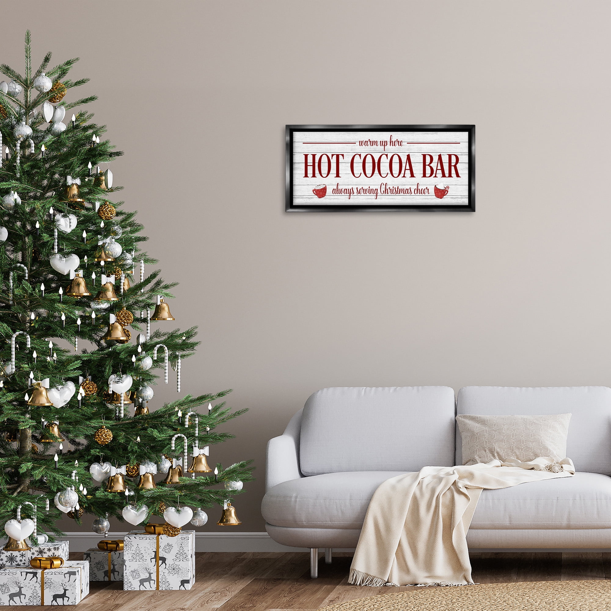 Stupell Industries Hot Cocoa Bar Winter Beverage Holiday Painting Black Floater Framed Canvas Art Print Wall Art, 31 x 14