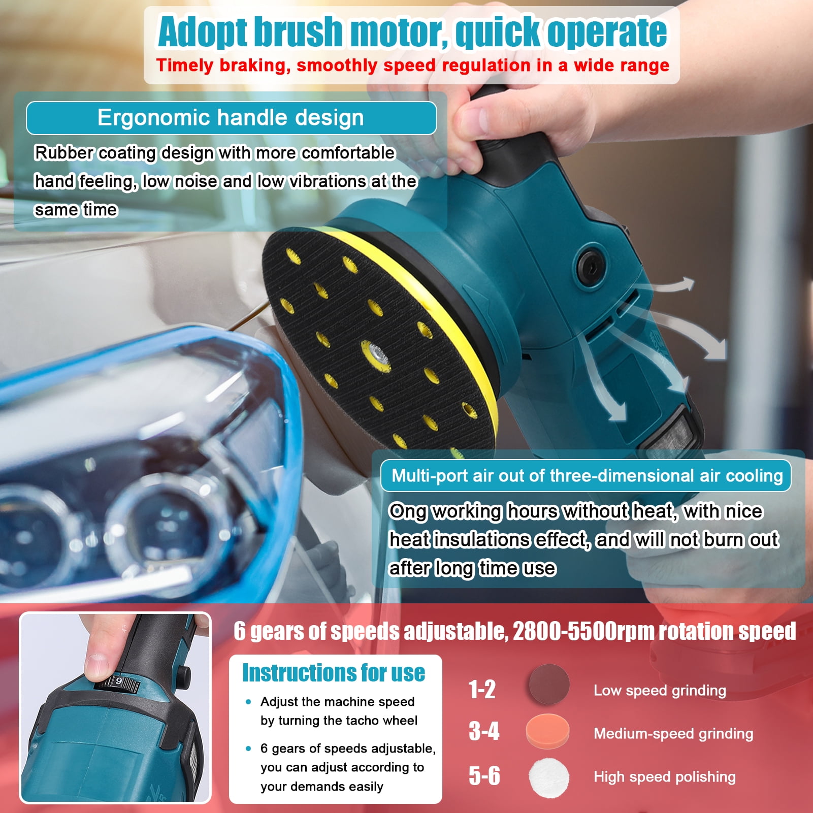 Polishers,Orbital Sander Metal 6 Speed Polisher Wood Metal Wood Tool Car Polisher Wood 6 Speed Adjustable 150mm Motor Xinzy Or. Eryue Buzhi