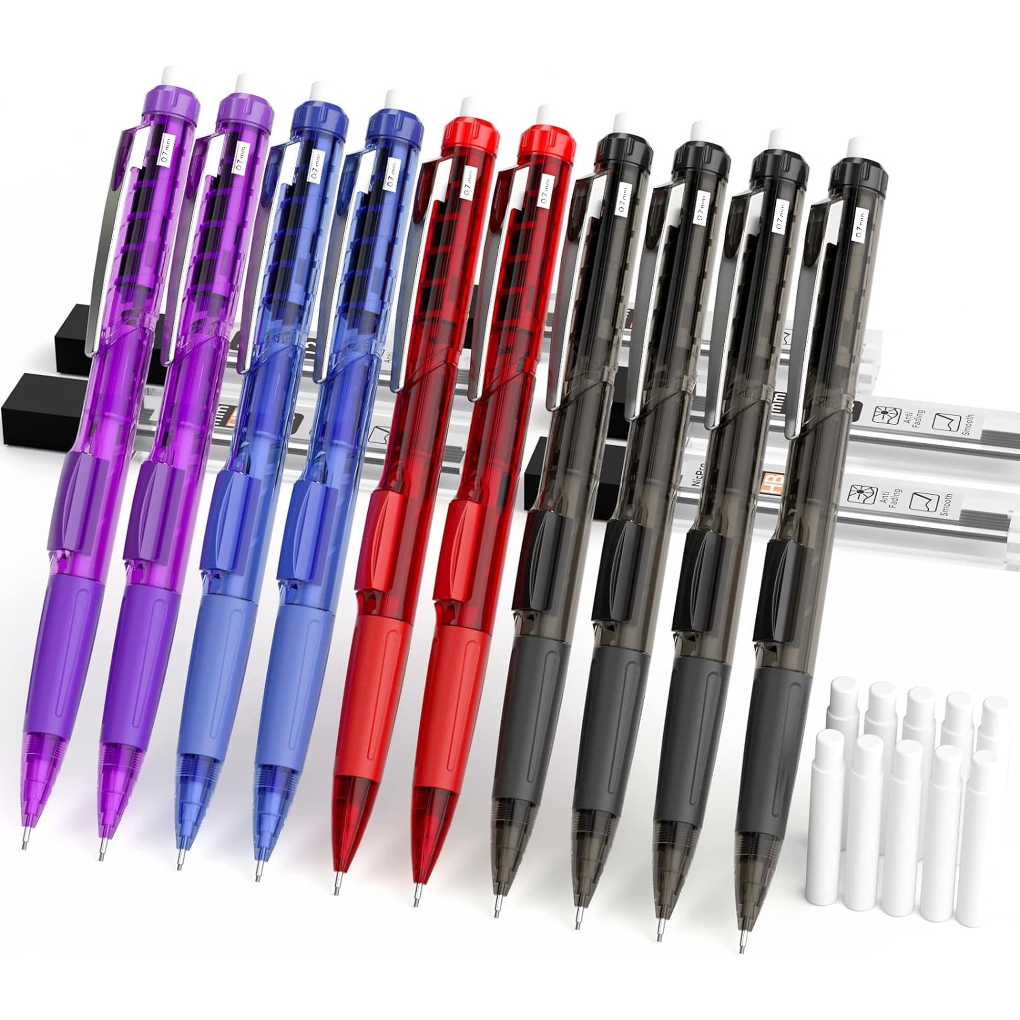 Nicpro 0.7 mm Art Mechanical Pencil Bulk Set 10 Pcs Colored Rotate-Erase & Fast Click Lead Pencils with 5 Tubes HB Lead Refills 10 Eraser Refills for Student Drafting Drawing Writing Sketching