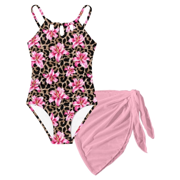 Aideaone Girls Swimsiut One-Piece with Cover Up Adjustable Straps Cut Out Swimwear Beach Bathing Suit Size 8-16