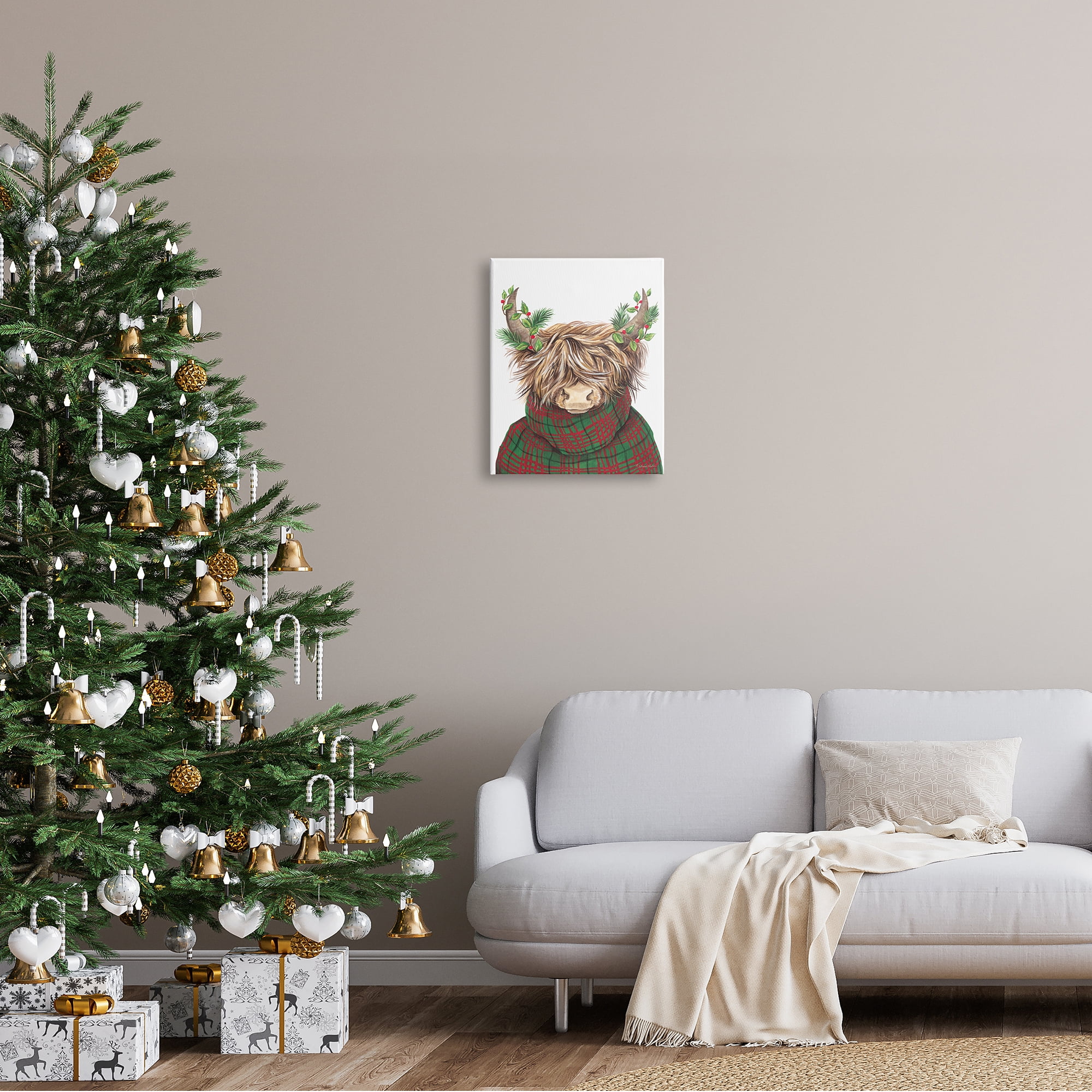 Stupell Industries Christmas Plaid Sweater Highland Cattle Festive Long Horns, 16 x 20,Design by Diane Kater