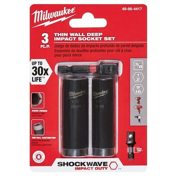 Milwaukee Genuine OEM 49-66-4417 3 Piece Thin Wall Deep Impact Socket Set w/ Radius Corners and Hex Socket Adaptor (Driver Not Included)