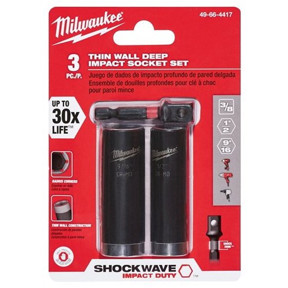 Milwaukee Genuine OEM 49-66-4417 3 Piece Thin Wall Deep Impact Socket Set w/ Radius Corners and Hex Socket Adaptor (Driver Not Included)