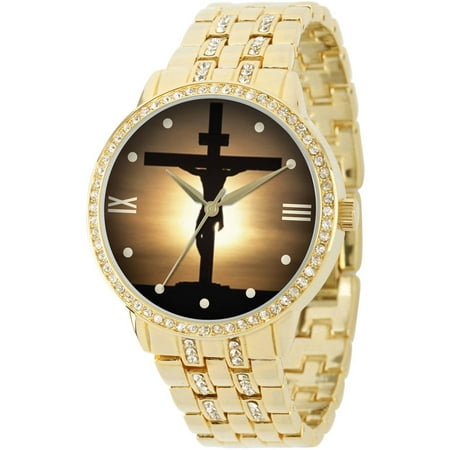 Men's Jesus Cross Round Bracelet Watch, Gold