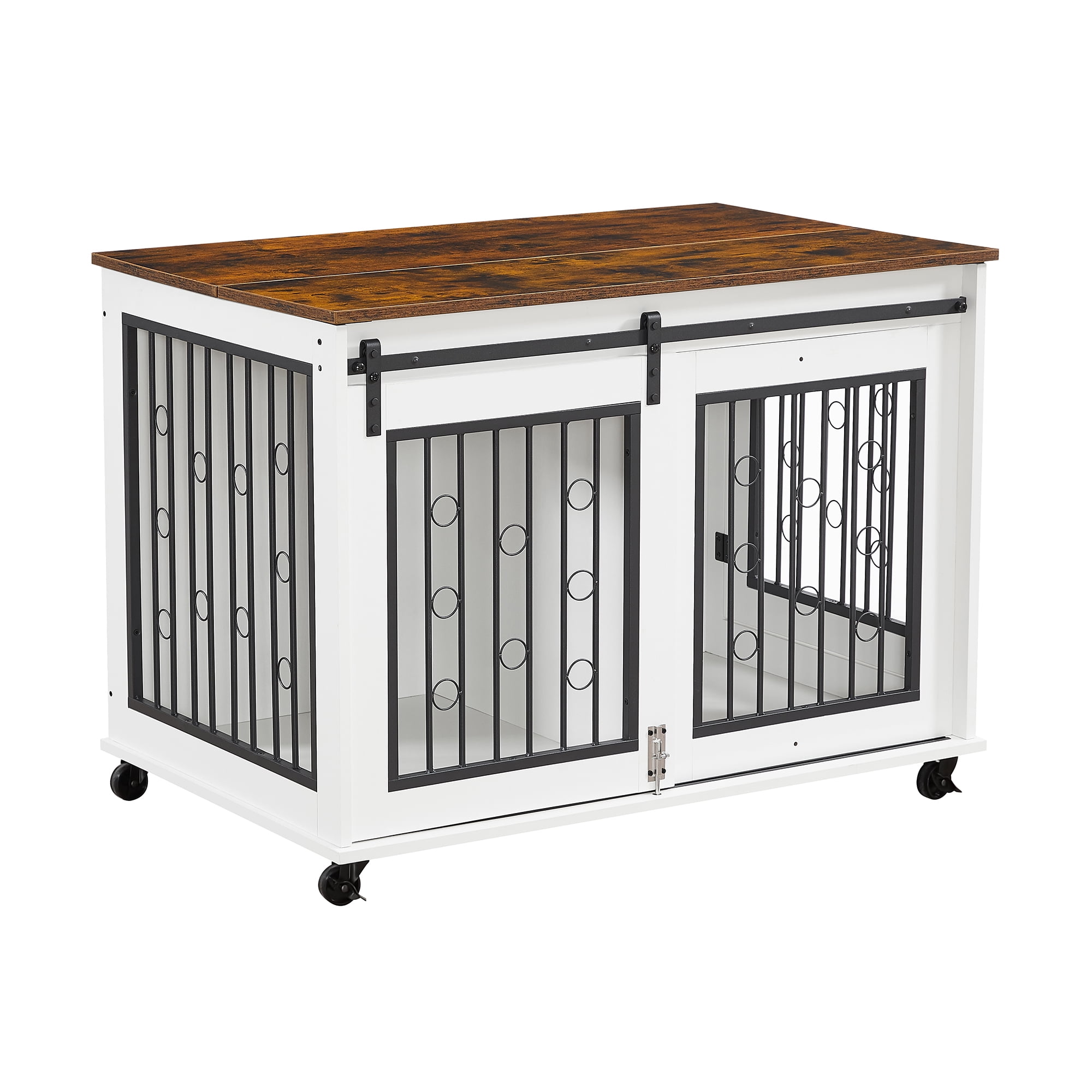 Pefilos 39" Sliding Door Dog Crate with Partition for Two Puppies, Furniture Style Dog Cage with Wheels, Brown Countertop Dog House Kennel for Indoor Dogs, White Pefilos 39" Sliding Door Dog Crate with Partition for Two Puppies, Furniture Style Dog Cage with Wheels, Brown Countertop Dog House Kennel for Indoor Dogs, White