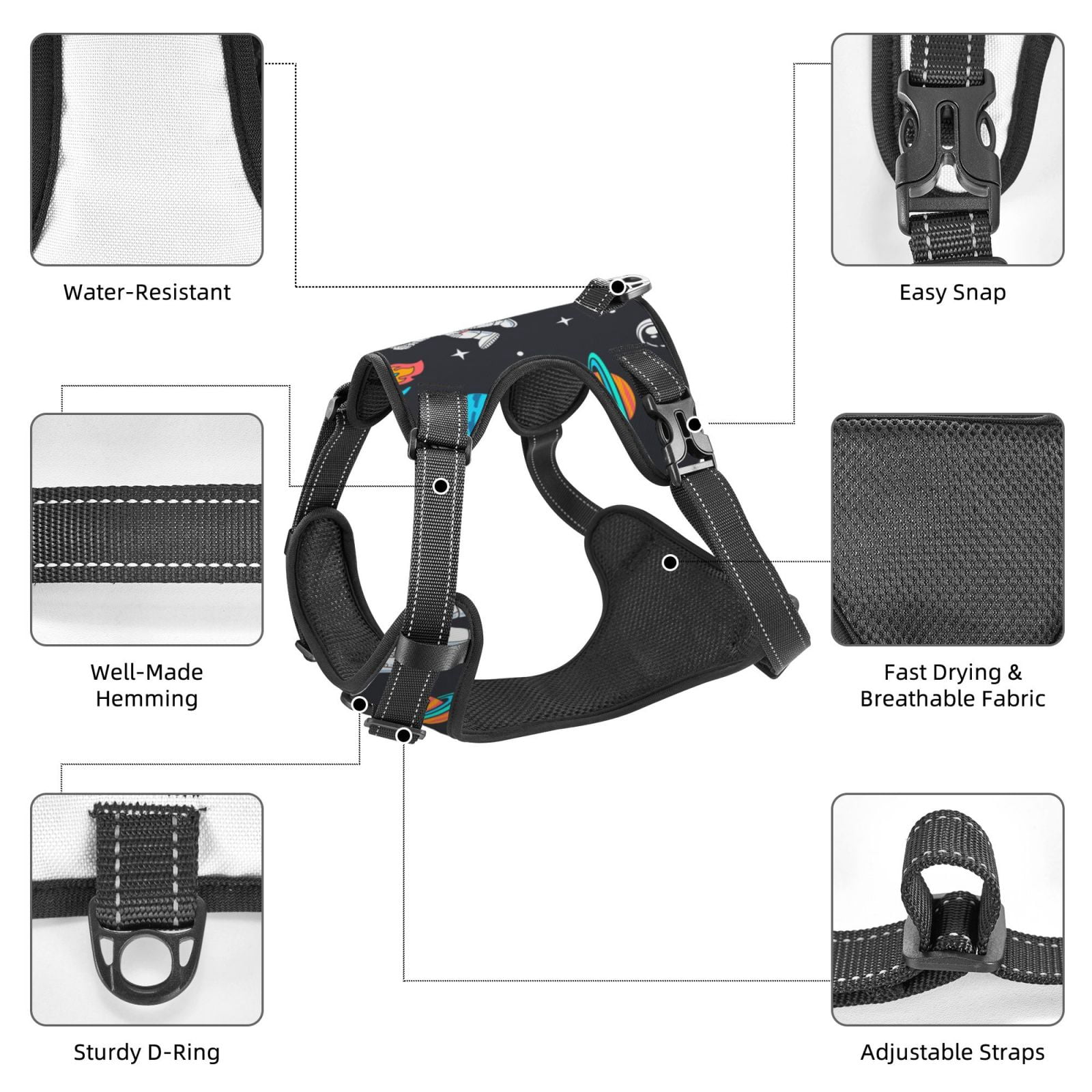 Fuzoiu Space Print Reflective Dog Harness,Adjustable, Breathable Pet Vest,Dog Harness No Pull,No Choke Pet Vest for Small, Medium, and Large Dogs-Small