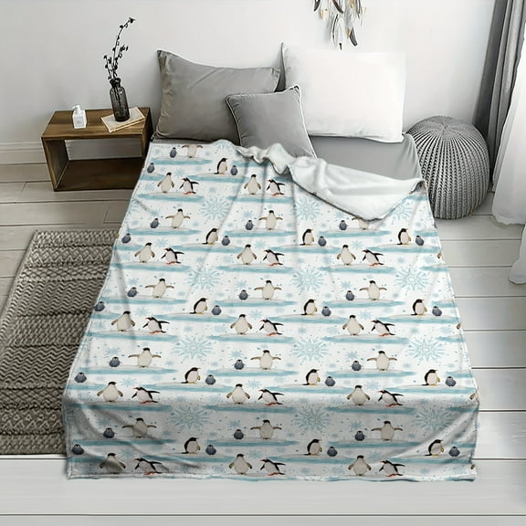 Cozy Penguin Print Flannel Throw Blanket - Soft & Warm 280gsm All-Season Bedspread with Cute Penguins, Black & White Snowflake & Turquoise Ice Floe Design - Lightweight ' Room,, Couch, Travel - Machi