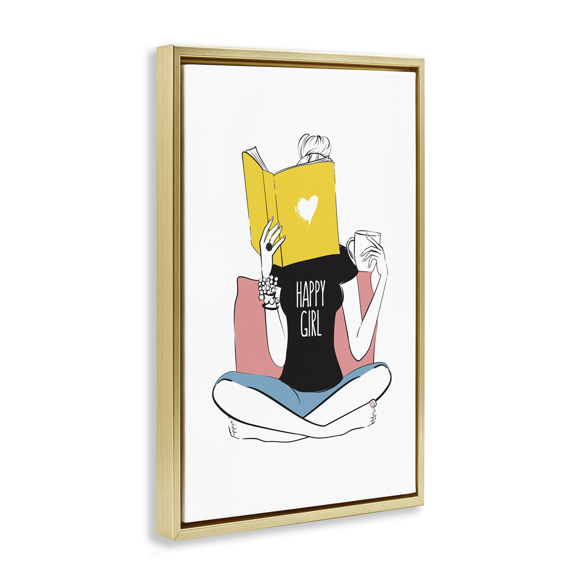 Stupell Industries Happy Reader Girl Novelty Painting Gold Floater Framed Art Print Wall Art, 21 x 31